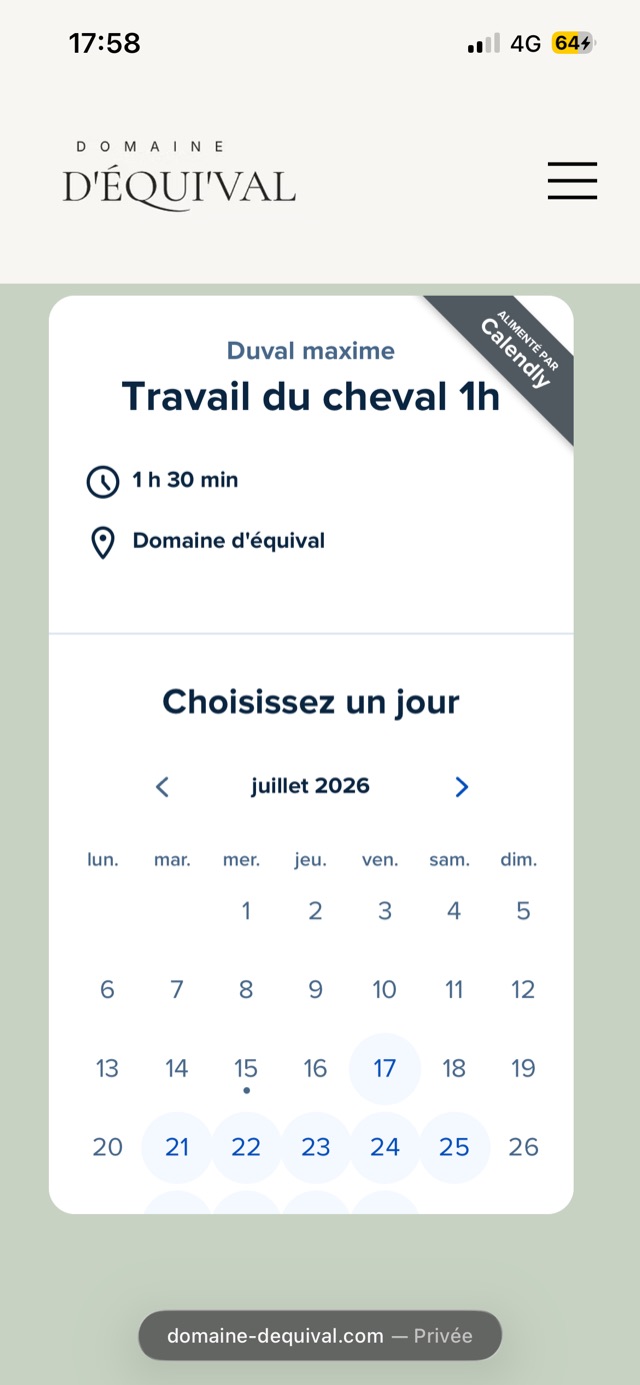 Prise de rendez-vous en ligne sur mobile pour le Domaine d'Équi'Val