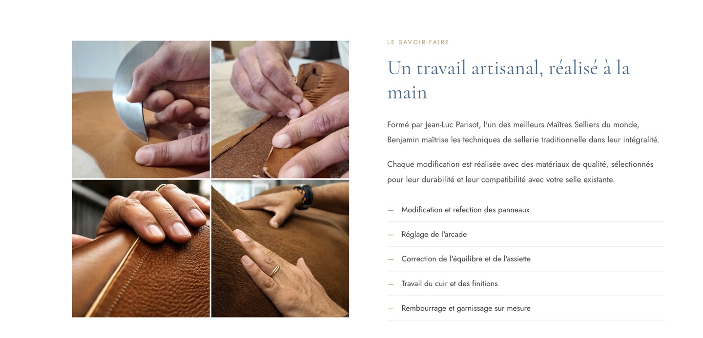 Section savoir-faire du site Benjamin Mahieu, grille de photos de son travail du cuir à la main